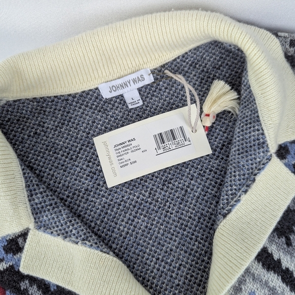 Johnny Was FairIsle Polo Sweater Wool Cashmere Floral Embroidery Ecru L NWT - Picture 13 of 15